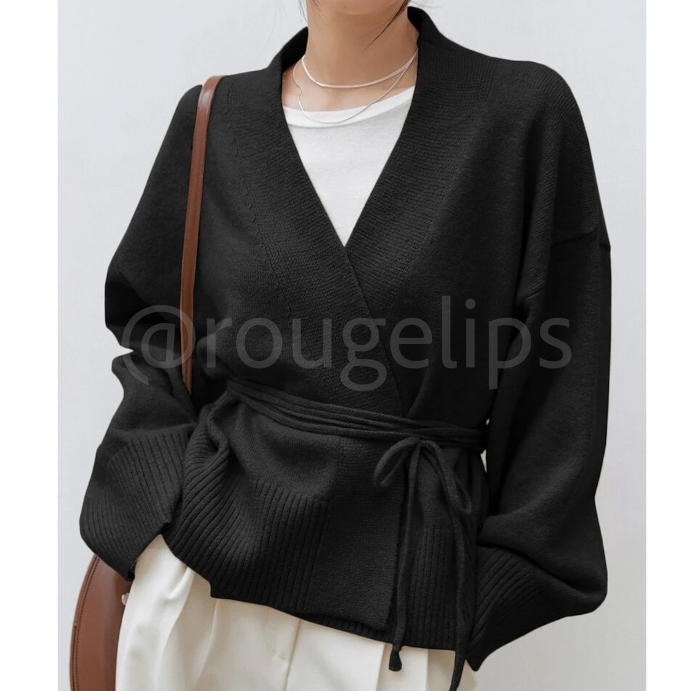 Black Knit Kimono Sweater Tie Belt Boxy Loose Fit Drop Shoulder